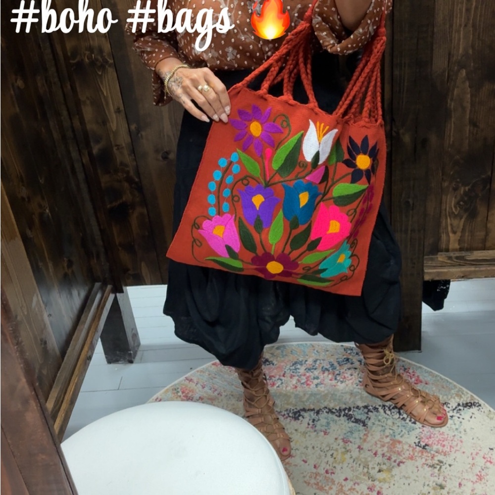 Boho Floral Embroidered Tote Bag - Multicolor